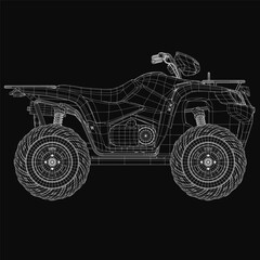 Fototapete - A 3D wireframe model of an ATV displayed on a black background, featuring intricate lines and smooth curves for a realistic appearance. The detailed mesh structure highlights the vehicle's design