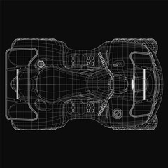 Poster - A 3D wireframe model of an ATV on a black background, featuring intricate mesh lines and smooth curves for a realistic appearance. The detailed structure highlights the vehicle's aerodynamic design.
