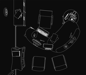 Fototapete - A black and white line drawing of a modern workspace featuring a computer, keyboard, and mouse on a sleek desk. The dark background highlights the clean, minimalist design, with additional office.