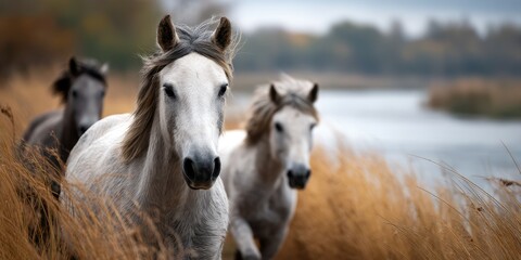 Naklejka na meble Horses running through tall grass near a calm river on a cloudy afternoon