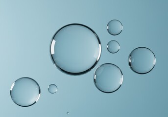 Poster - Several transparent bubbles float against a light blue background