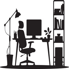 Aufkleber - Silhouette of a workspace featuring a desk chair computer lamp bookshelf and various accessories