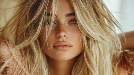 Poster - A stunning close-up of a blonde woman with striking blue eyes and freckles radiates charm, highlighting natural beauty and softness in a serene ambiance of light and color.