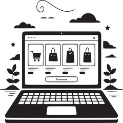 Poster - A black and white illustration of a laptop displaying an online commerce website interface design