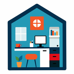 Poster - Cozy home office setup with computer and desk inside a house illustration