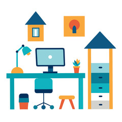 Poster - Cozy home office setup with desk computer lamp and storage
