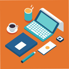 Poster - Isometric workspace setup with laptop coffee and notebook