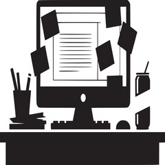 Aufkleber - A black and white illustration of a desk with a computer, sticky notes, and office supplies on it