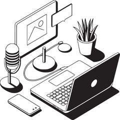 Poster - Isometric view of a desk setup with a laptop, monitor, microphone, phone, and potted plant design