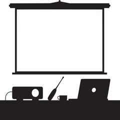 Poster - A silhouette of a projector screen, laptop, projector, pointer, and cup on a table presentation setup