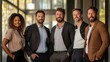 © svastix - A diverse group of five confident professionals stands together, showcasing collaboration, unity, and modern professionalism in a sleek urban environment filled with natural light.