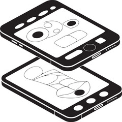Poster - Isometric view of two black and white smartphones stacked with different screen illustrations