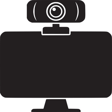 Illustration of a computer monitor with a webcam attached on top in a solid black silhouette style