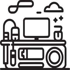 Poster - Illustration of a desk setup with a monitor, cloud, and other objects in black and white outline