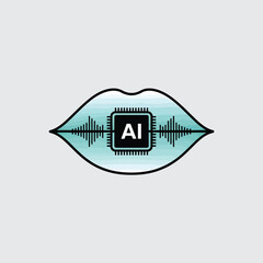 Poster - Light Teal Lips with A I Microchip and Sound Waves Graphic Design Illustration mouth artificial intelligence