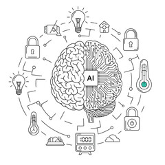 Poster - Line Art Illustration of a Human Brain Split Showing an A I Microchip Connected to Smart Home Devices Lightbulbs Thermometers and Padlocks