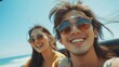 © COK House - Happy couple in sunglasses on the background of the sea. Travel, summer vacation, advertising of sunglasses.