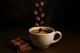 cup of coffee with chocolate on the black mixed background.