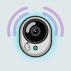 Poster - Oval Shaped Baby Monitor Camera Illustration Wireless Signal Light Teal Green Button Baby Icon Gray White Background