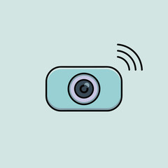 Poster - Pale Teal Rectangular Smart Camera Icon with Dark Gray Lens and Wireless Signal Illustration image