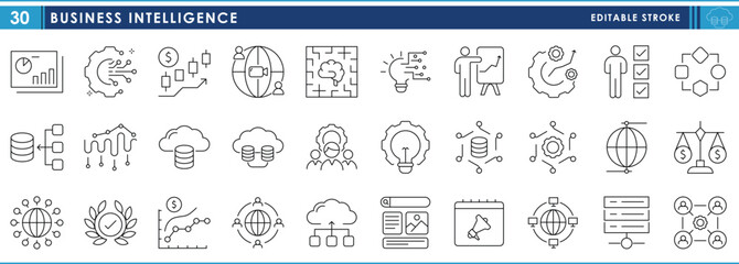 Fototapete - A set of line icons related to Business Intelligence. Business, technology, strategy, technique, SEO, worldwide, growth, and so on. Vector editable stroke.