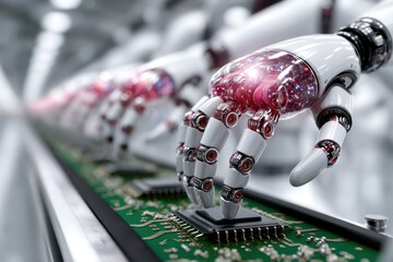 Poster - Robotics in advanced assembly line with robotic hands working on circuit boards