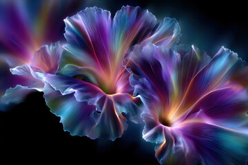 Poster - Vibrant and colorful flowers glowing with neon hues against a dark background