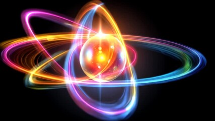 Poster - Glowing orb surrounded by luminous colorful light trails on black background