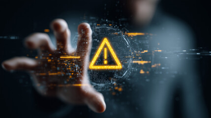 Poster - System warning alert on virtual interface with hand interaction. Concept of cybersecurity risk, data breach, malware, hacking, IT failure, and digital system vulnerability in modern technology