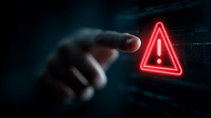 Poster - System warning alert on virtual interface with hand interaction. Concept of cybersecurity risk, data breach, malware, hacking, IT failure, and digital system vulnerability in modern technology
