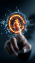 Poster - System warning alert on virtual interface with hand interaction. Concept of cybersecurity risk, data breach, malware, hacking, IT failure, and digital system vulnerability in modern technology