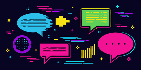 Poster - Colorful speech bubbles float amidst vibrant shapes, perfect for adding a lively communication or notification element to your projects.