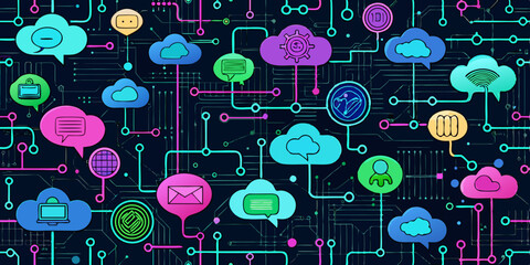 Fototapete - Creative concept showcases cloud computing with interconnected speech bubbles, representing technology and network solutions in a modern design.