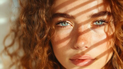 Poster - An enchanting portrait of a young woman with curly hair partially lit by shadows, emphasizing her natural beauty and evoking warmth and intimacy in a serene atmosphere.