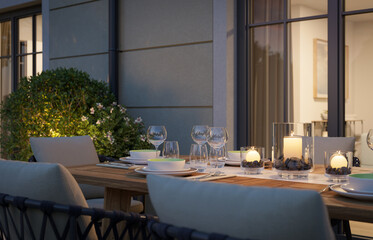 Poster - 3D Rendering of an outdoor terrace table with candle lights by evening.