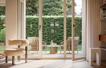 Poster - 3D Rendering of Window and a terrace with lounge chairs. Green hedge in front.