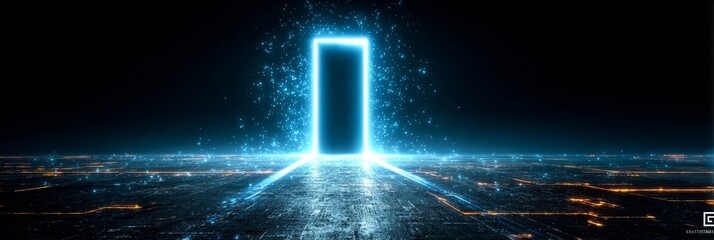 Poster - Futuristic Digital Gateway with Glitch Effects and Cyber Pathway Illustrating Advanced Technology