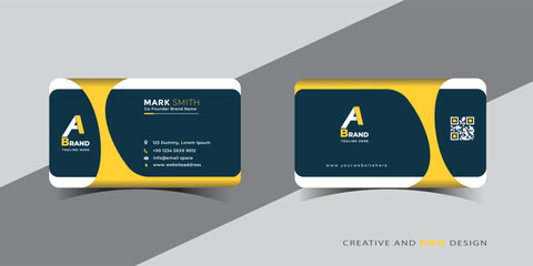 modern dark blue and yellow business card with qr code
