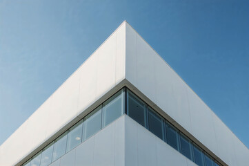 Poster - Minimalist Office Building with Smooth White Walls and Corner Glass Wrapping, No Visible Windows