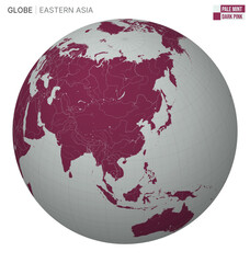 Poster - Vector globe centered on Eastern Asia. Pale mint and dark pink palette. World map with meridians, parallels, countries, rivers, and lakes. Creative vector illustration.