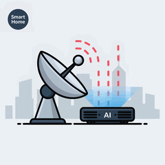 Poster - Smart Home A I System Satellite Dish Projecting Data onto Smart Projector City Skyline Background Illustration