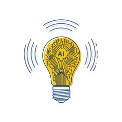 Poster - Yellow Lightbulb with A I Circuit Board Design Inside Emitting Wireless Signals Smart Technology Concept Illustration