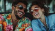 © svastix - This lively image captures a joyful couple in sunglasses, embodying fun and connection, set against a playful backdrop that radiates summer vibes and happiness.