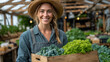 © Farid - Woman farmer holds a crate of vegetables in a greenhouse, emphasizing sustainable practices in agricultural commerce