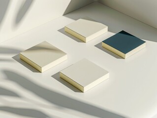 Fototapete - Four square paper stacks on white surface with shadows, PNG