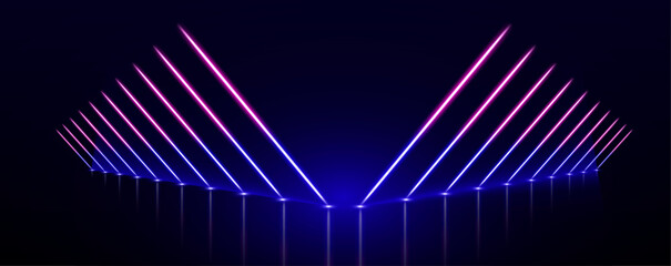 Poster - Laser show in a аuturistic corridor. Neon lamps light up a dark tunnel with reflected arrows guiding the way. The sharp contrast of blue and ultraviolet hues draws attention to the glowing direction.	