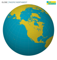 Poster - Vector globe centered on the Pacific Northwest. Features a cyan, lemon, and yellow palette. Includes world map with meridians, parallels, countries, rivers, and lakes. Trending vector illustration.