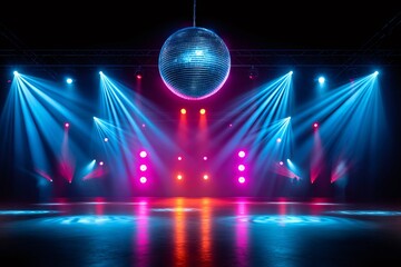 Poster - Disco ball shining on empty stage with colorful spotlights and haze