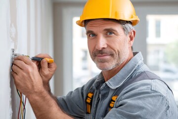 Poster - Electrician installing light switch in new apartment building