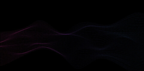 Leinwandbilder - Abstract wavy dotted curved line dark black background. vector futuristic background with particle waves Beautiful shaped array of glowing line. abstract volume voice technology vibrate and music bg.	